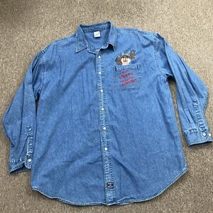 Vintage 2000 Warner Bros Taz I Don't @ Around for Nobody Button XXL Shirt Blue
